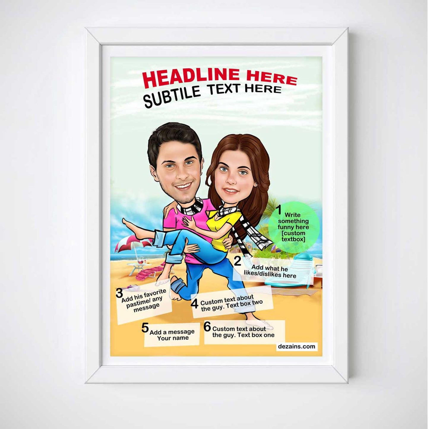 Caricature Poster for Couple - On the Beach - withmuchlove