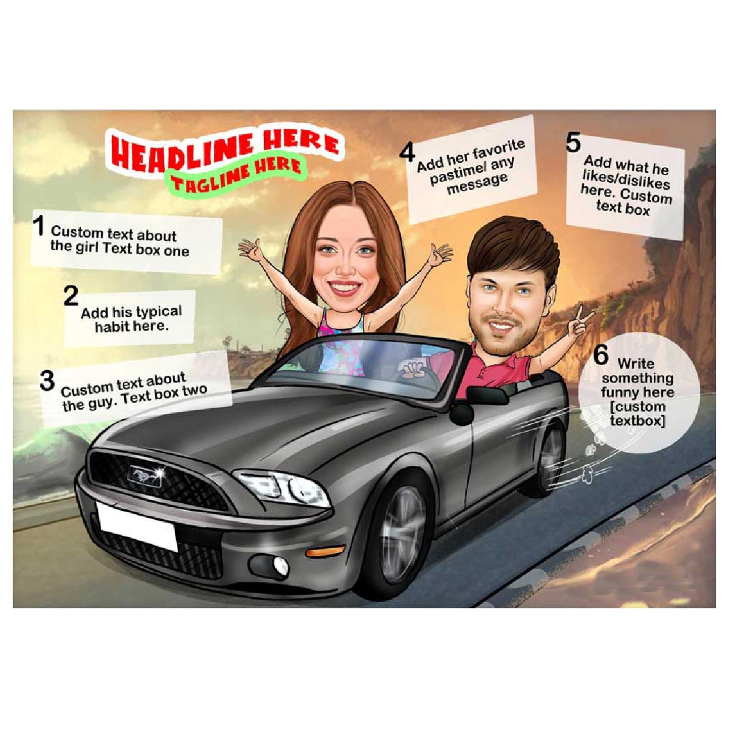 Caricature Poster for Couple - Road Trip - withmuchlove