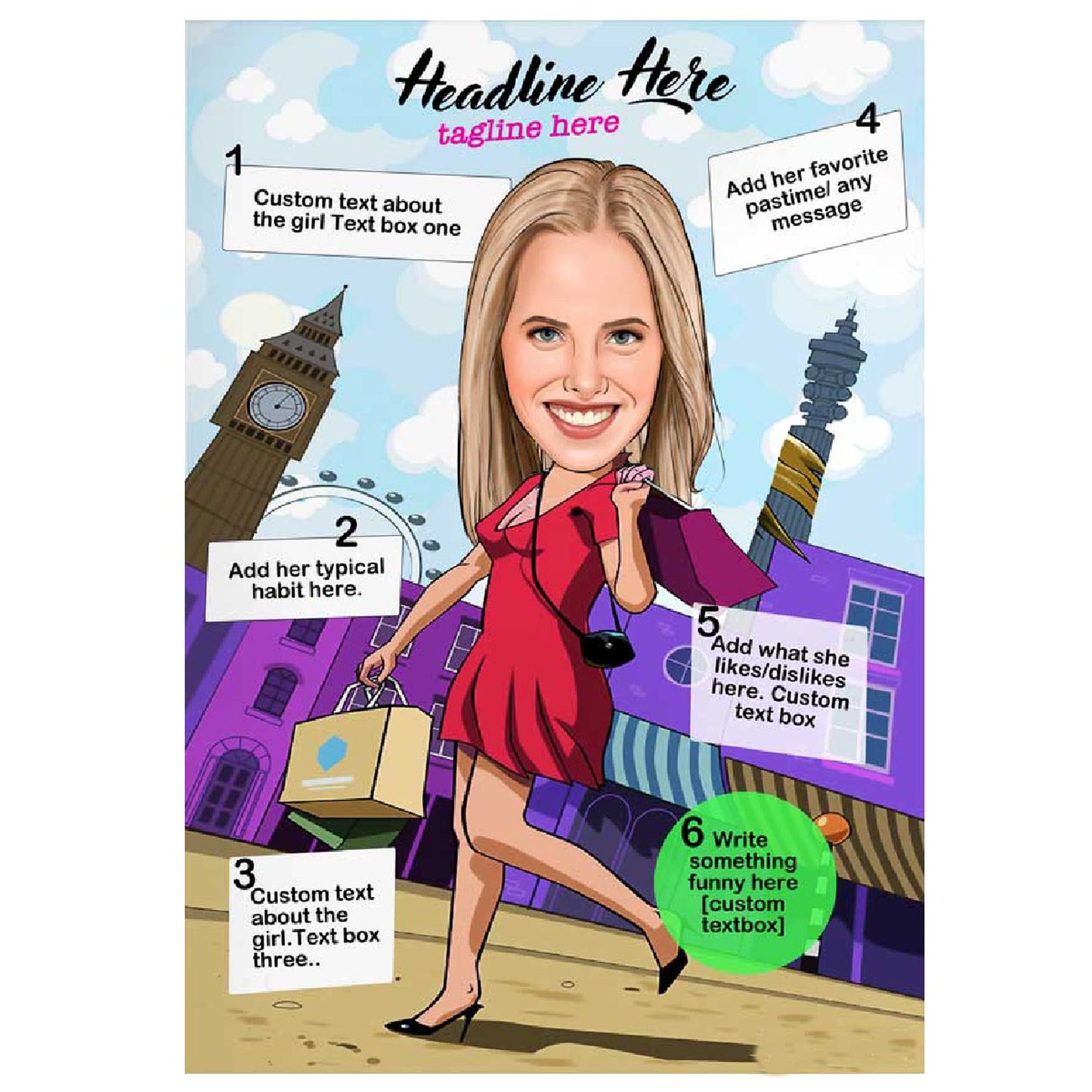 Caricature Poster for Her - Shopping Travelling - withmuchlove