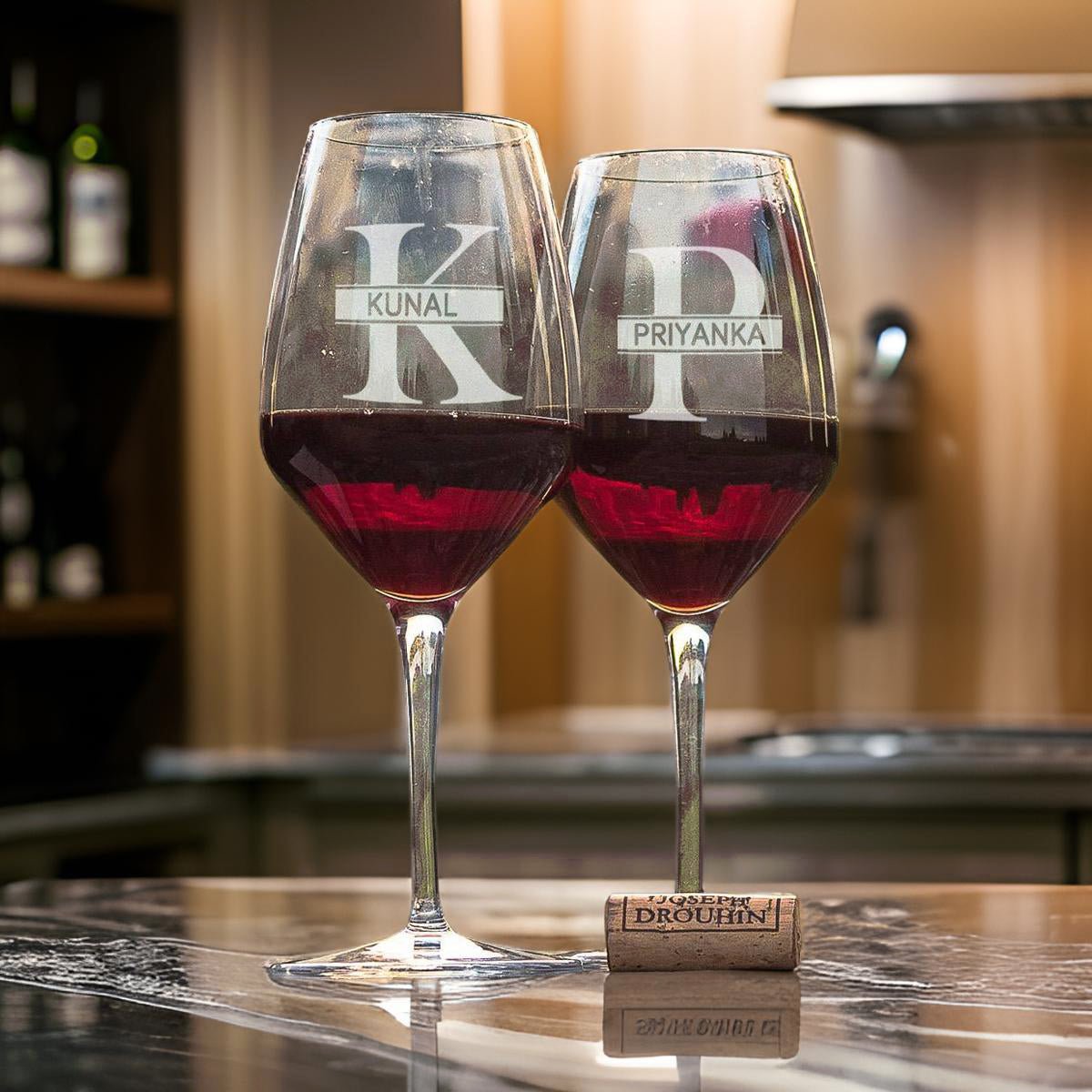 Custom Engraved Wine Glasses | Set of 2 | Name + Initial - withmuchlove