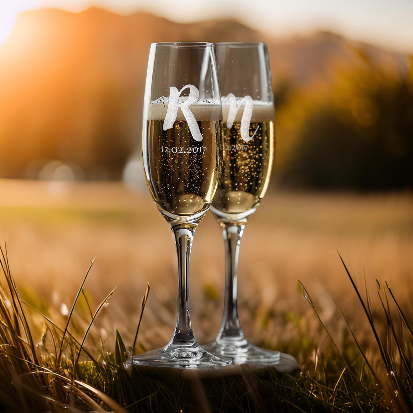Initials Engraved Champagne Glasses | Set of 2 | Engraved Date - withmuchlove