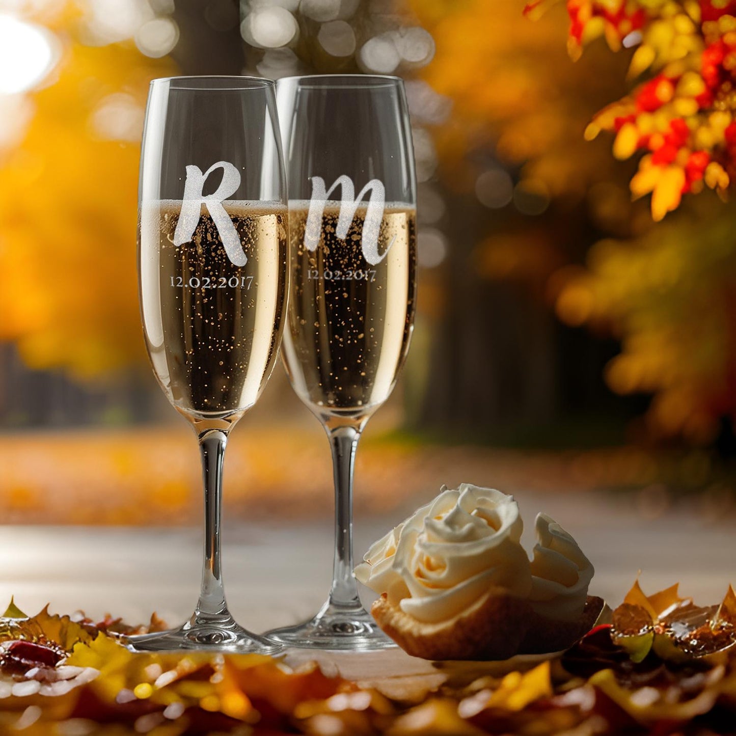 Initials Engraved Champagne Glasses | Set of 2 | Engraved Date - withmuchlove