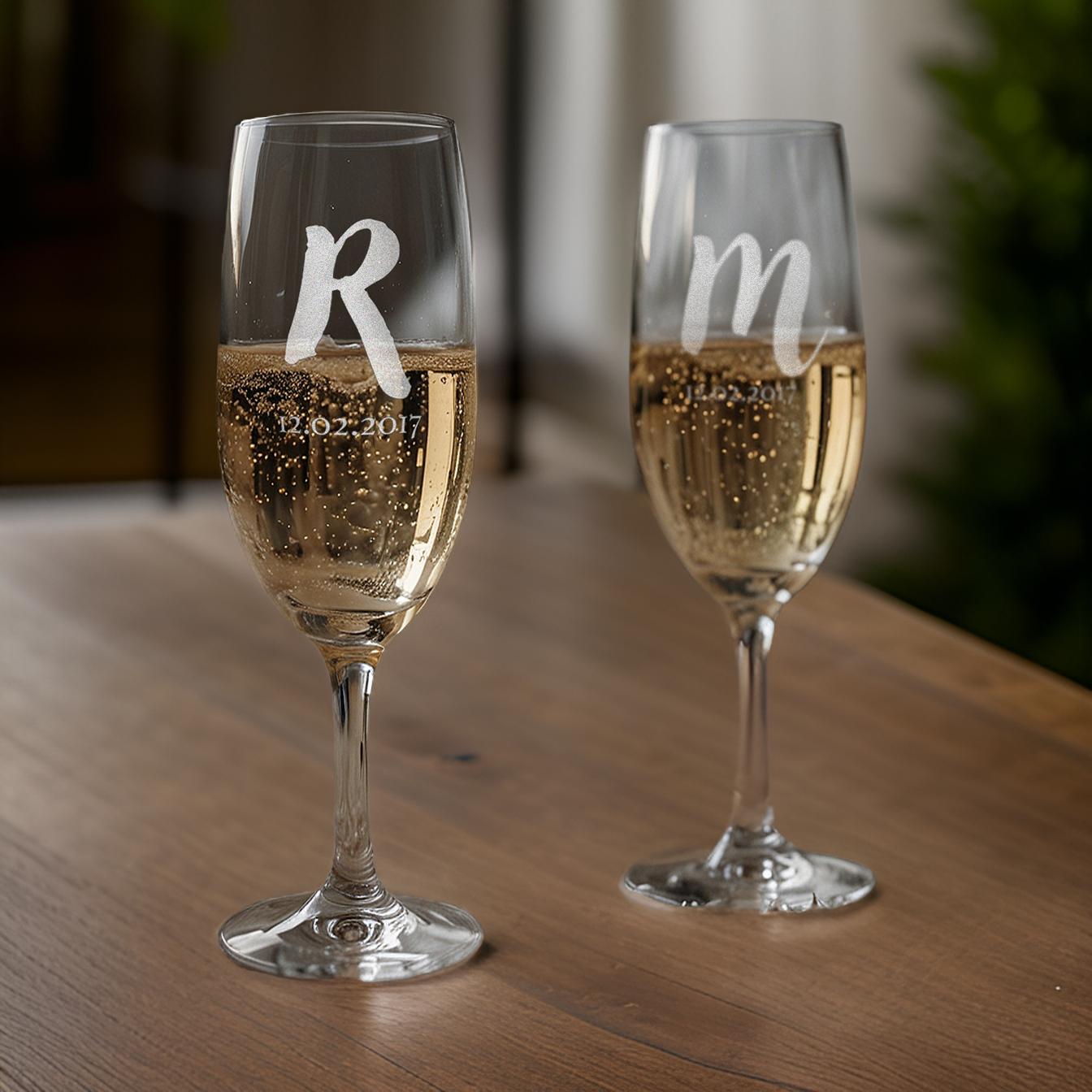 Initials Engraved Champagne Glasses | Set of 2 | Engraved Date - withmuchlove