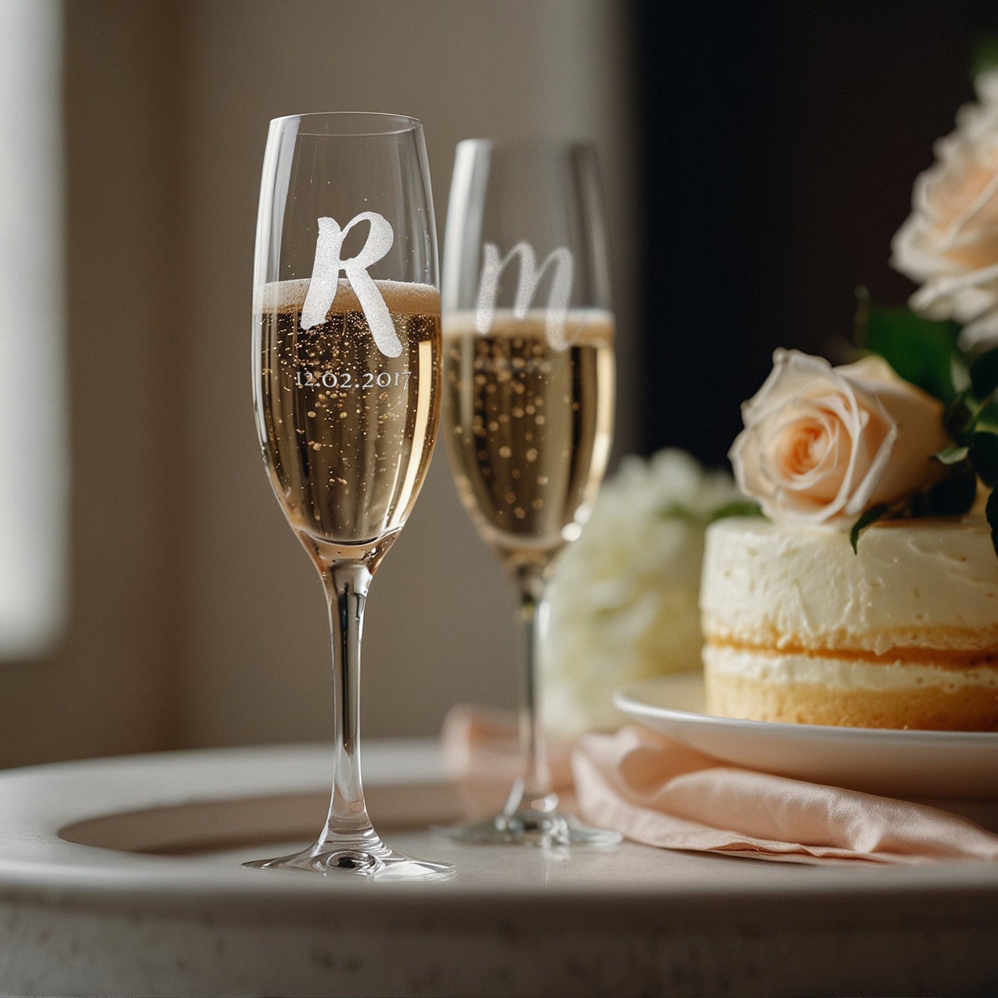 Initials Engraved Champagne Glasses | Set of 2 | Engraved Date - withmuchlove