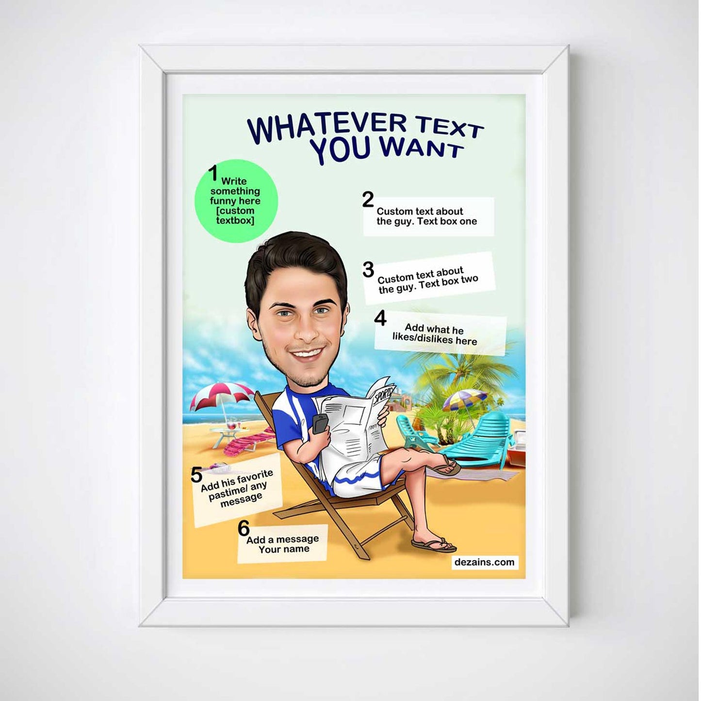 Caricature Poster for Him - Beach Boy - withmuchlove
