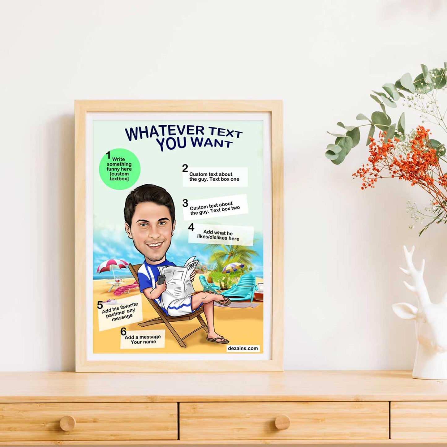 Caricature Poster for Him - Beach Boy - withmuchlove