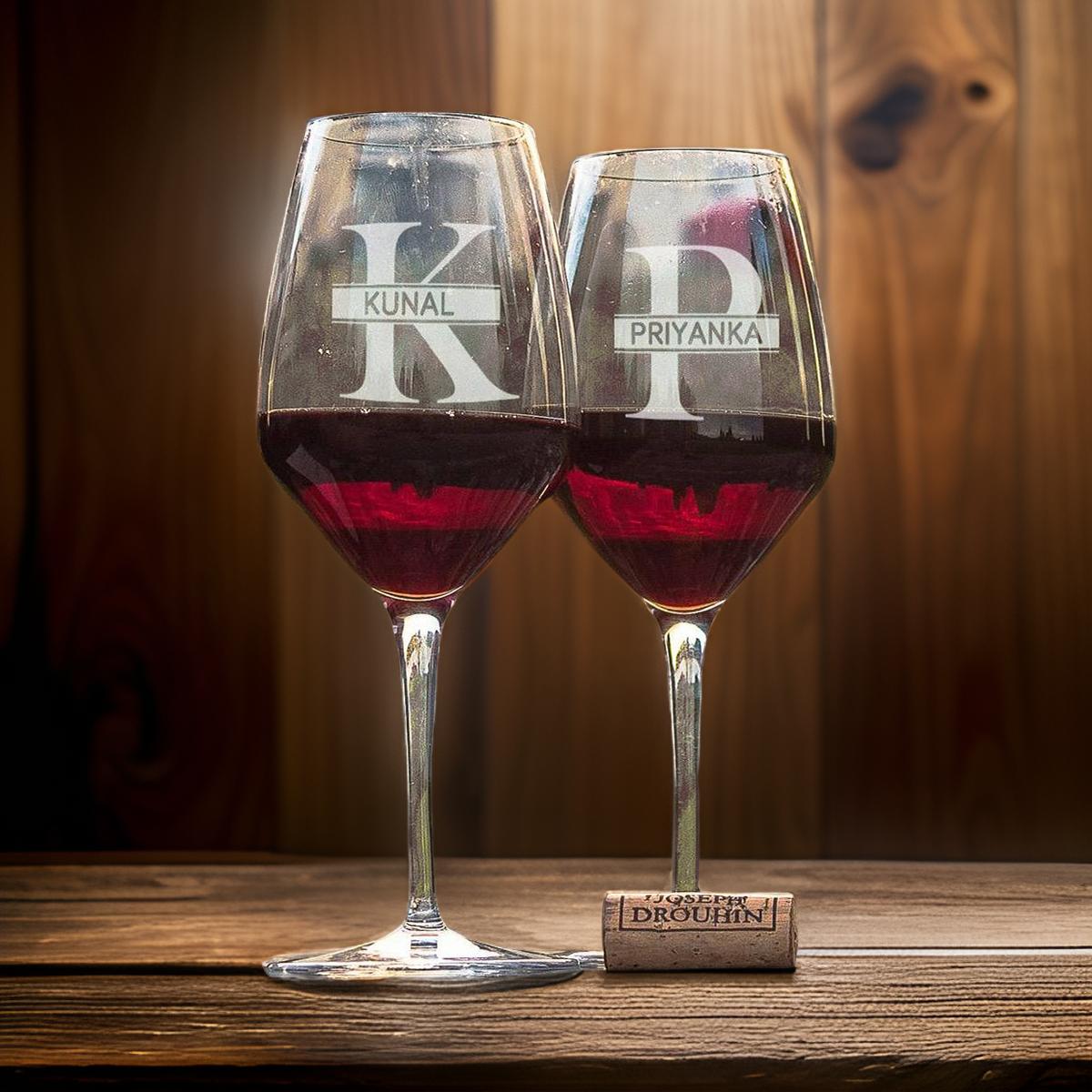 Custom Engraved Wine Glasses | Set of 2 | Name + Initial - withmuchlove