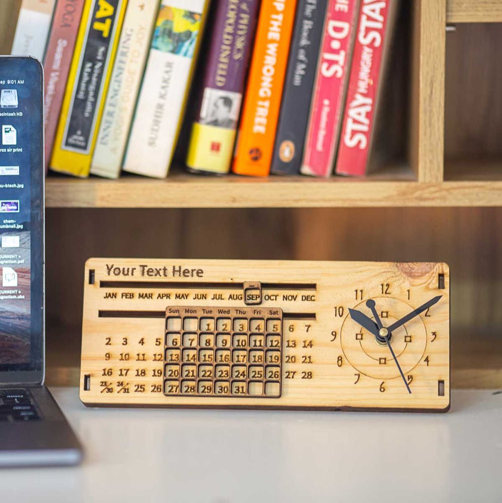 Wooden Perpetual Calendar with Clock - withmuchlove