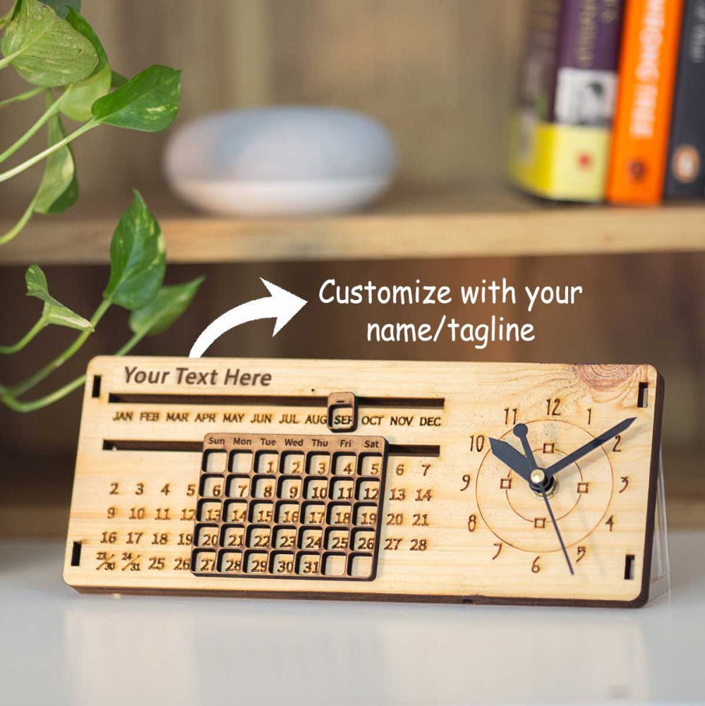 Wooden Perpetual Calendar with Clock - withmuchlove