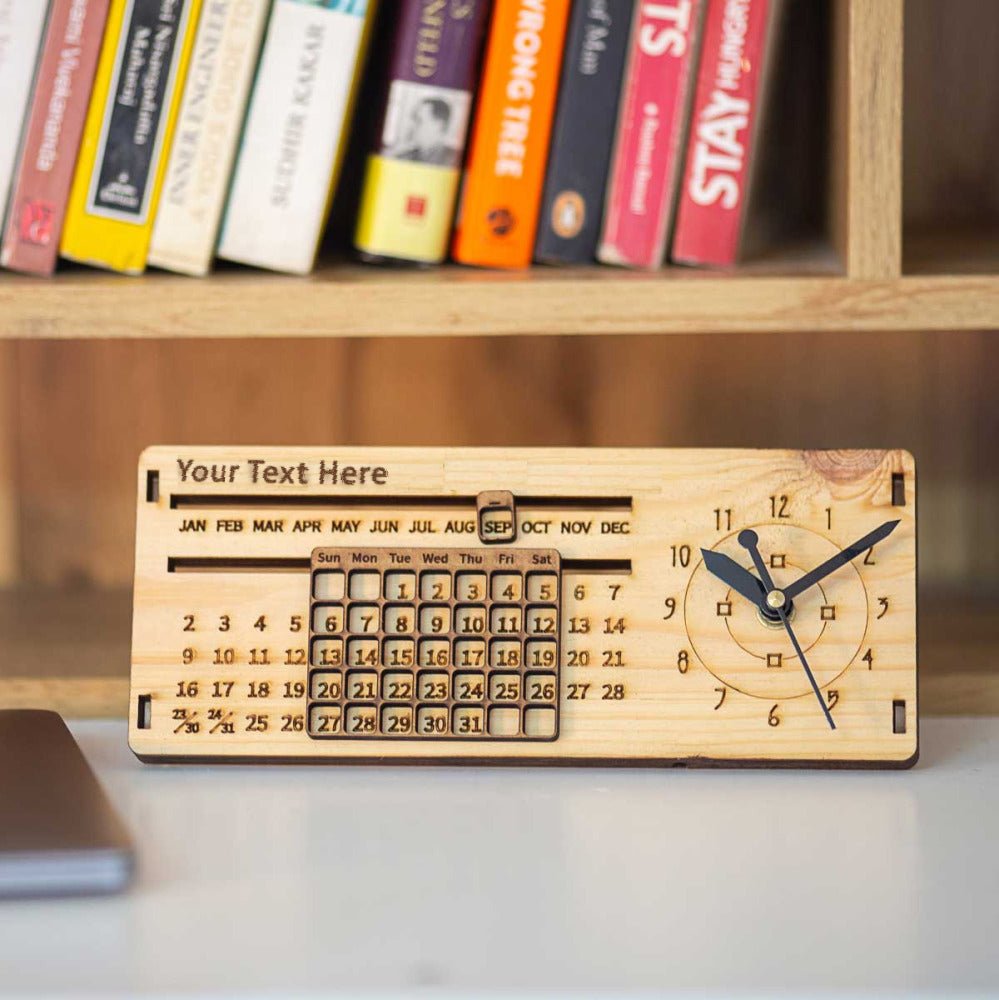 Wooden Perpetual Calendar with Clock - withmuchlove